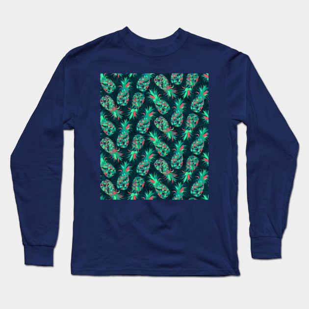 Green Mosaic Pineapples Long Sleeve T-Shirt by Carolina Díaz